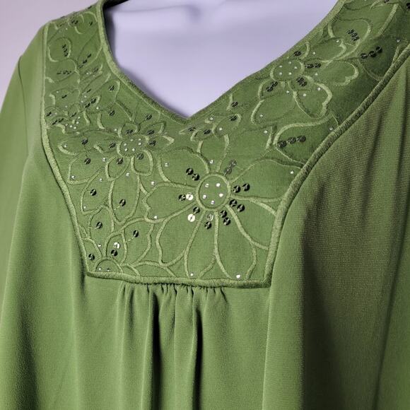 Susan Graver Green Embroidered Floral Top 1X Boho Cottagecore Feminine Chic - Picture 2 of 8